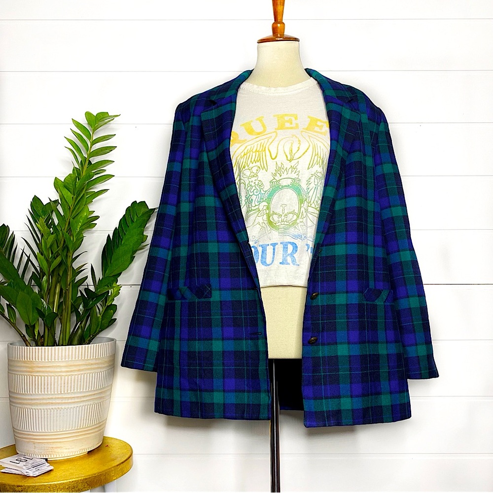 Vintage Women’s Black Watch Green + Blue Tartan Plaid Blazer